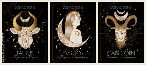 Vector illustration of zodiac signs card. Earth signs: Taurus, Virgo and Capricorn. Gold on a black background in engraving style	