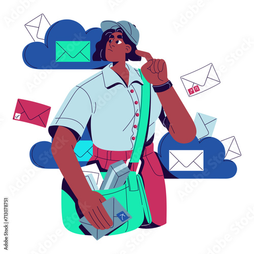 Online delivery service concept. Postman carries mailman bag with packages, envelopes. Email, digital post. Send mail in internet, paper letters by carrier. Flat isolated vector illustration on white