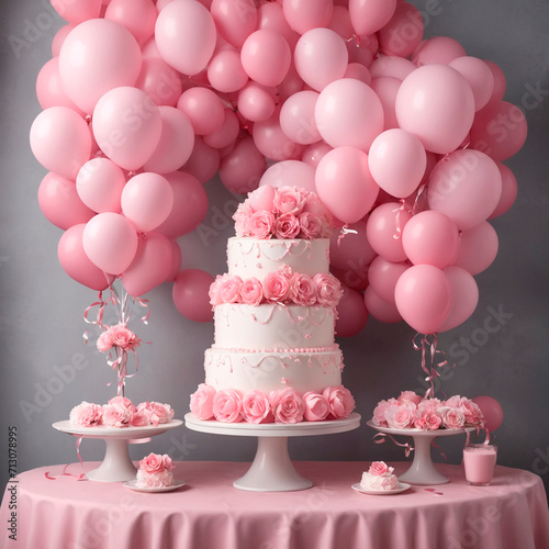 pink balloons. The cake is on the table. decoration of the holiday. Generative ai