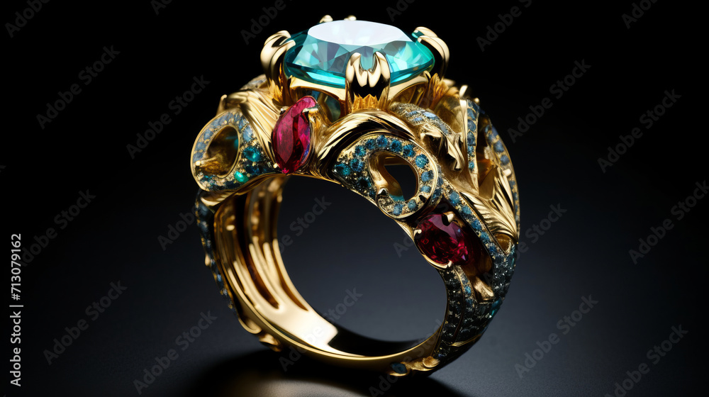 Gold ring with precious stones on a black background close up Gold ring with precious stones on a black background close up