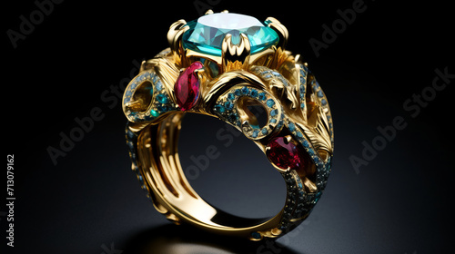 Gold ring with precious stones on a black background close up