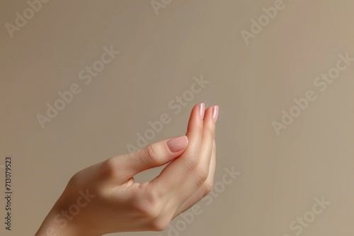 A close-up image of a woman's hand showcasing a pink manicure. Perfect for beauty and fashion-related projects