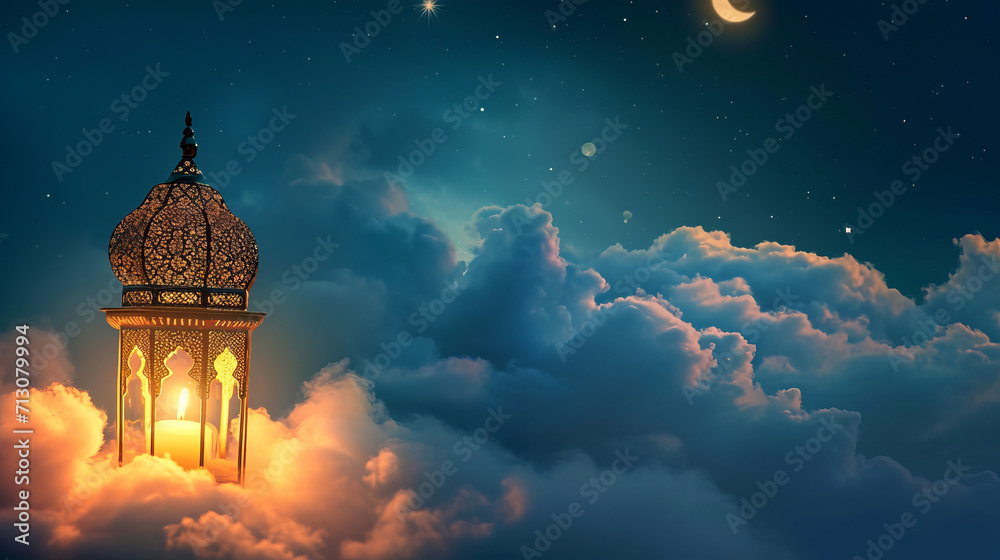 A lantern floating among clouds against a night sky, evoking wonder and tranquility is AI Generative.