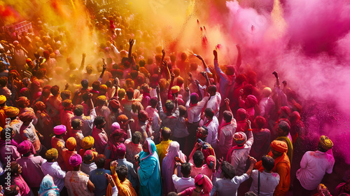 A vibrant celebration of Holi with colorful powder in the air and a crowd enjoying the festival is AI Generative.