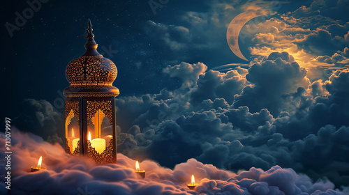 An ornate lantern under a starry sky evokes the contemplative essence of Ramadan nights is AI Generative.