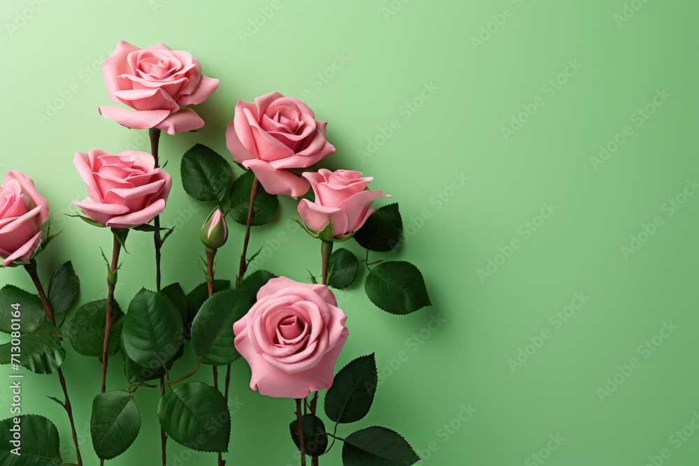 Fototapeta premium Pink roses on a green background with copy space for your text