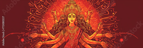 Vibrant Illustration of Indian Goddess Shri Durga in Celebration of Happy Durga Puja and Subh Navratri on a Red Background