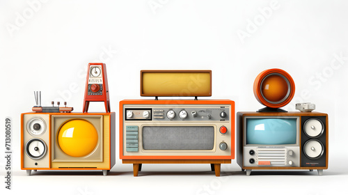 Retro TV radio tape recorder and loudspeakers. Old photo