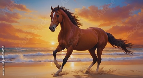 The Elegant Brown Horse on a Coastal Horizon, Sundown Majesty, Animal wallpapers © Art by H