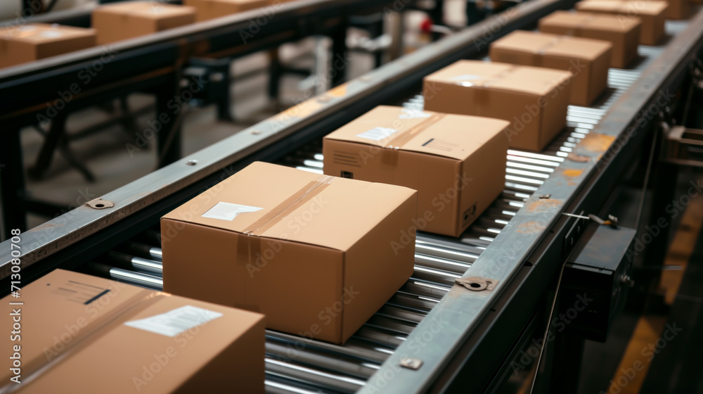 Parcels on conveyor belt in distribution warehouse, logistics. Shallow field of view. Parcels on conveyor belt in distribution warehouse, logistics. Shallow field of view.