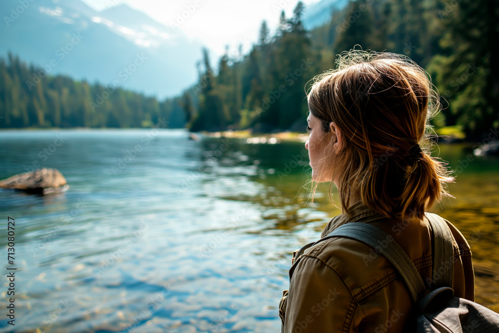 Hiker looking at mountain lake, embodying wanderlust and adventure.
Hiker looking at mountain lake, embodying wanderlust and adventure.