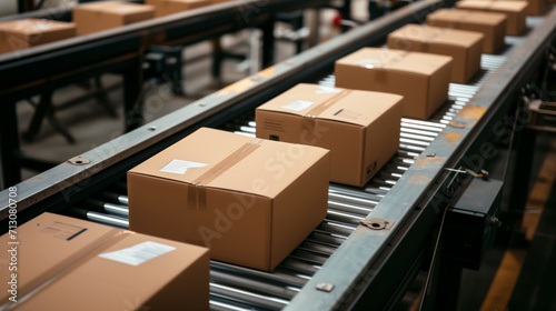 Parcels on conveyor belt in distribution warehouse, logistics. Shallow field of view. 