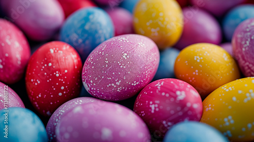 Colorful Easter eggs, close-up perfect for Easter egg hunt wallpaper or banner. 
