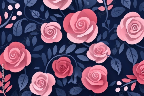 Abstract floral background with pink red roses on dark blue background