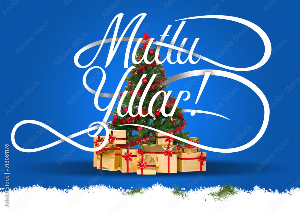 Mutlu Yıllar noel yılbasi tree and gifts illustration greeting card with typographic hand drawn lettering on blue background ready copy and logo space