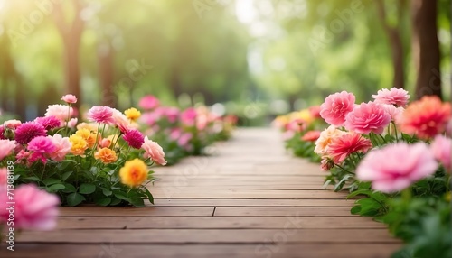 Summer park flower road with bokeh background