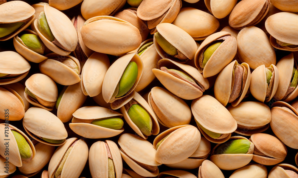 Pistachios background, top view, close up of pistachio nuts texture Pistachios background, top view, close up of pistachio nuts texture