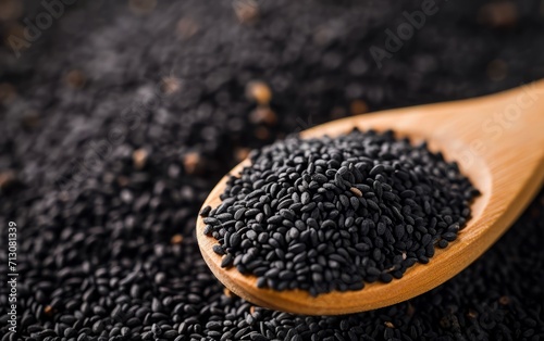 Close-up of black cumin seeds on a wooden spoon