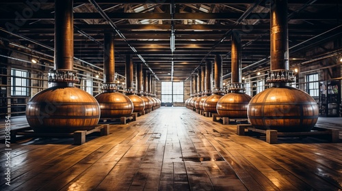 Aging facility with whiskey, bourbon, and scotch barrels for distilling process