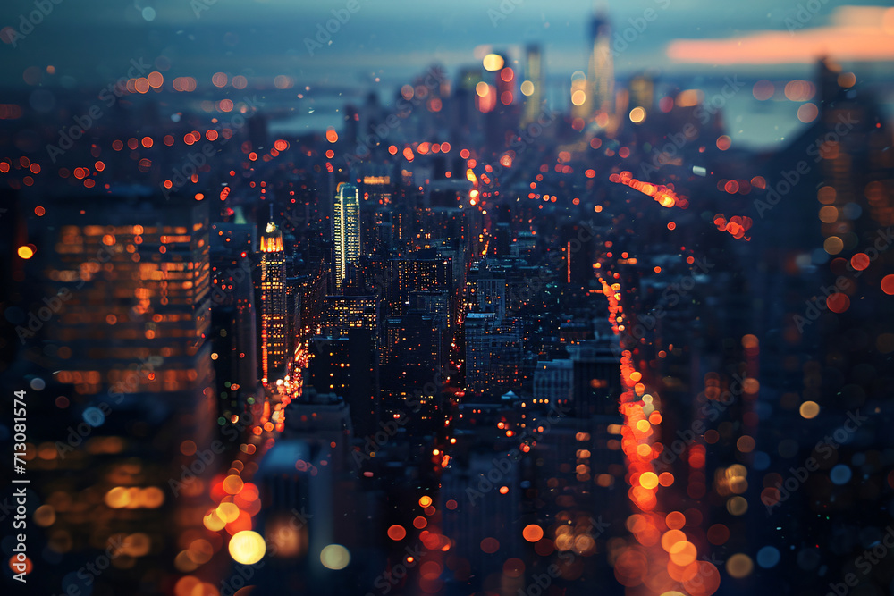 Blurry city lights, defocused bokeh overlay background
