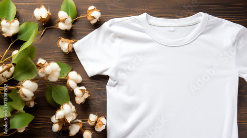 Organic Cotton White T-Shirt and Fresh Flowers on Table - Sustainable Fashion Concept with Eco-Friendly Textile and Natural Bloom Aesthetics for Apparel Mockup and Lifestyle Background