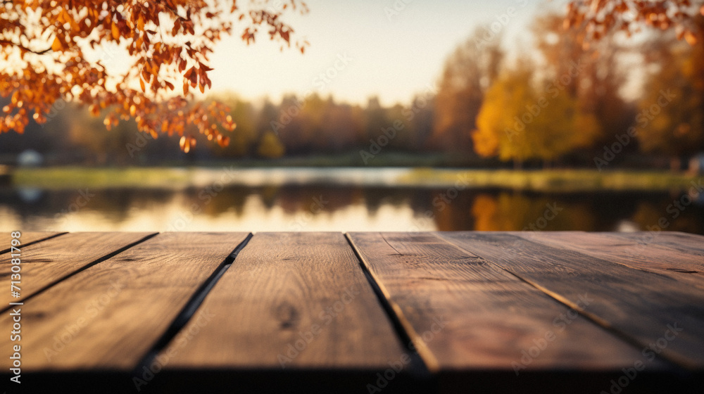 Empty blank wooden table fall background with autumn trees orange yellow color leaves backdrop forest or park nature scene abstract blurred bokeh tabletop for product display desk mockup. Copy space.