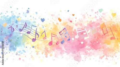 Hearts and notes, love and romantic  watercolour background. Generative AI.