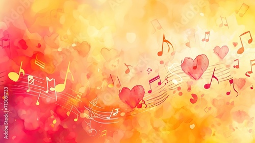 Hearts and notes, love and romantic  watercolour background. Generative AI.