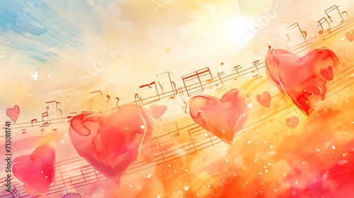Hearts and notes, love and romantic  watercolour background. Generative AI.