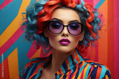 Glamorous fashion portrait of beautiful young woman with colorful hair and sunglasses.