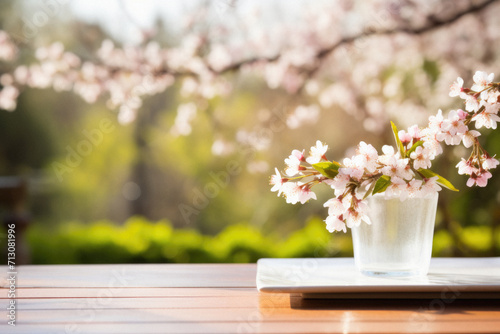 Wooden table spring nature bokeh background, empty wood desk product display mockup with green park sunny blurry abstract garden backdrop landscape ads showcase presentation. Mock up, copy space.