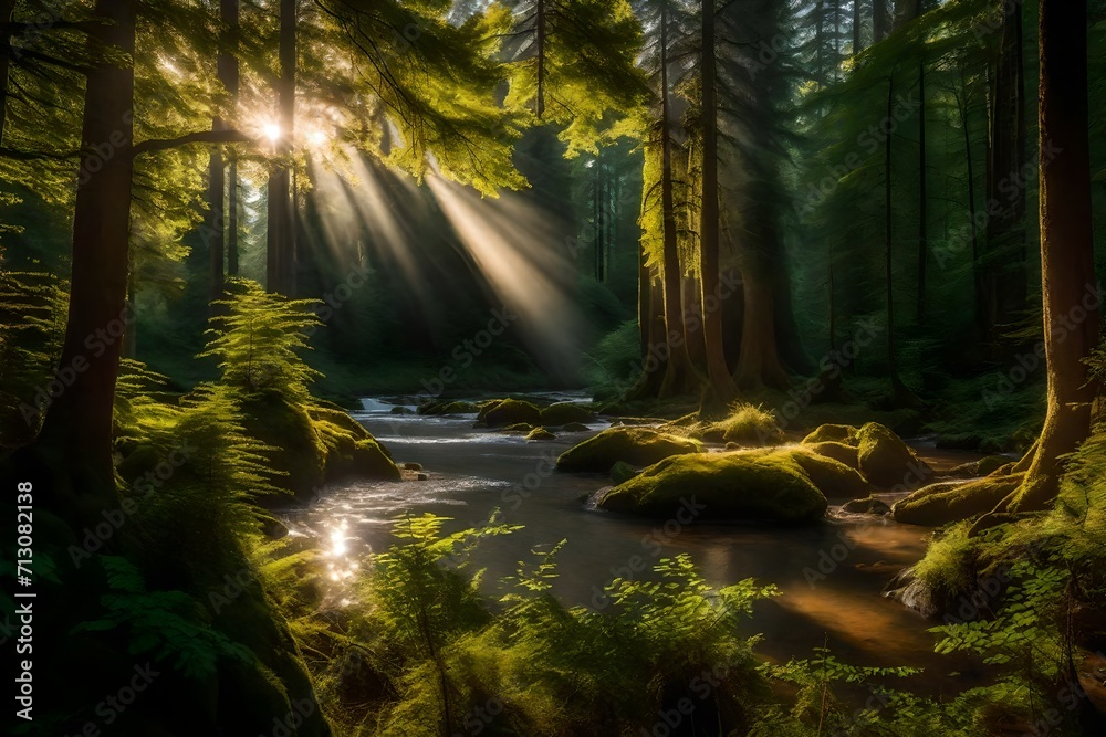 Obraz premium Picture the twilight symphony of Sainte-Marguerite Valley Forest—a narrow river flowing gracefully beneath the canopy of ancient trees. Impeccable lighting captures 