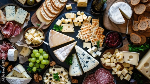 Set or assortment cheeses. Suluguni with spice, camembert, blue cheese, parmesan, maasdam, brie cheese with rosemary and pepper. Top view