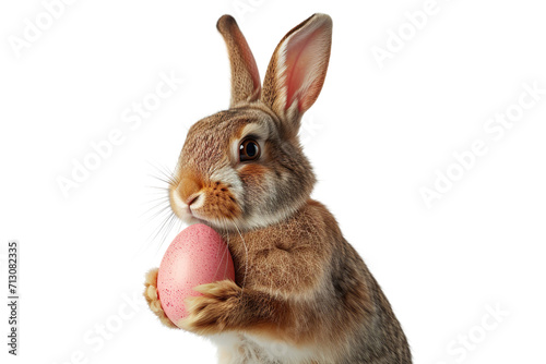 Cute Easter bunny holding pink easter egg isolated on white or transparent background photo