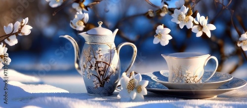 Cup of Tea with Cherry Blossoms on Winter Landscape Background - Tranquil Seasonal Bliss