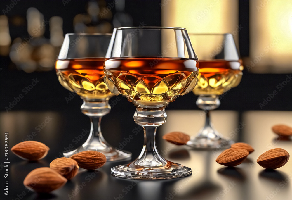 Eleganza Amaretto- Bicchieri di Liquore con Gustoso Amaretto e Mandorle su Tavolo Nero Eleganza Amaretto- Bicchieri di Liquore con Gustoso Amaretto e Mandorle su Tavolo Nero