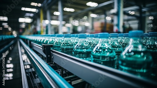 Water bottles on conveyor belt in modern beverage factory, industrial equipment and production line