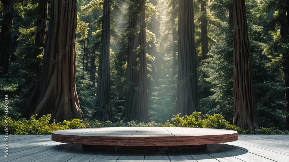 A modern podium for product design against the backdrop of a sequoia forest A modern podium for product design against the backdrop of a sequoia forest
