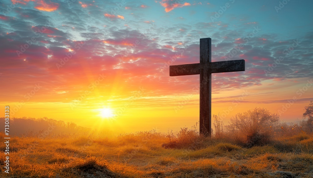 Autumn sunrise with a cross on a meadow, palm sunday sunset concept