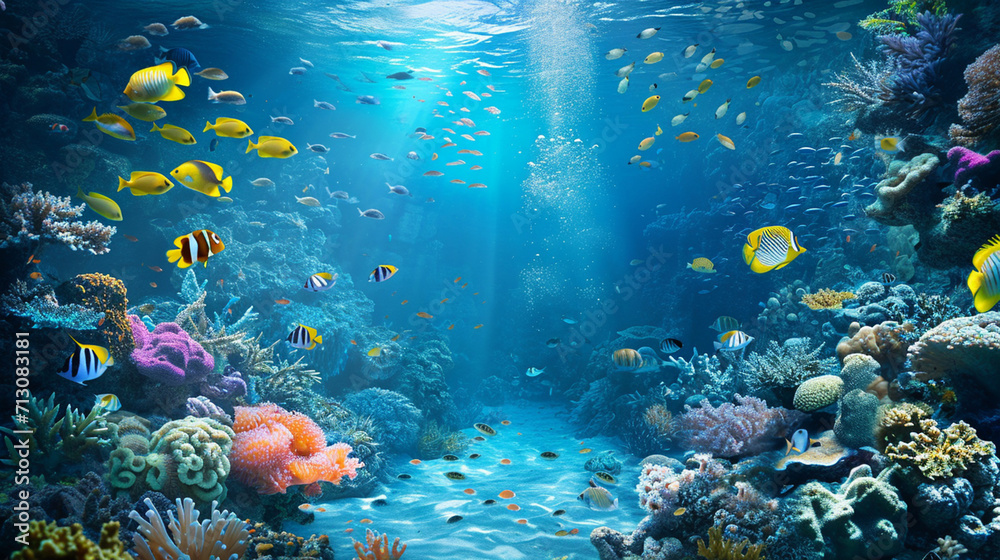 A beautiful underwater landscape with fish and corals