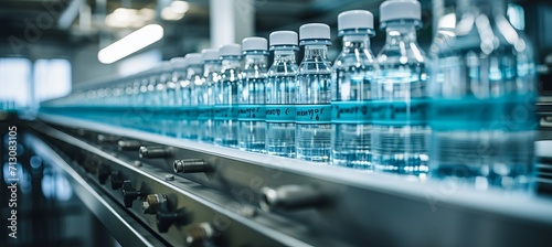 Modern beverage factory interior with water pet bottles on conveyor belt