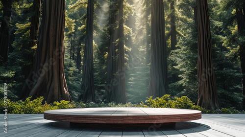 A modern podium for product design against the backdrop of a sequoia forest photo