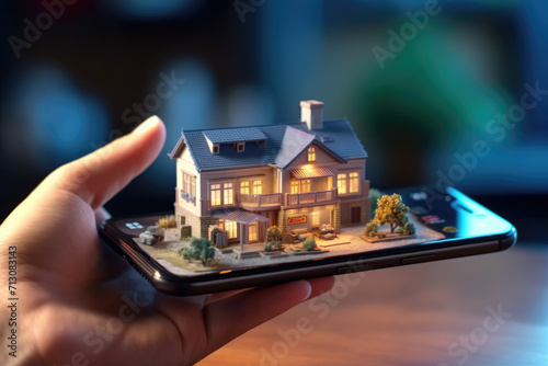 A smartphone application for online search, purchase, sale and booking of real estate. An unusual 3D illustration of a beautiful house on a smartphone in your hand.  photo