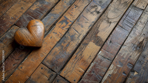 A wooden heart on an old wooden floor
