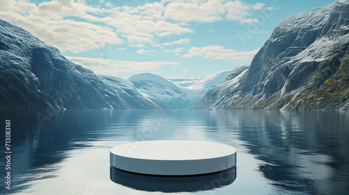 A modern podium for product design against the backdrop of beautiful fjords photo