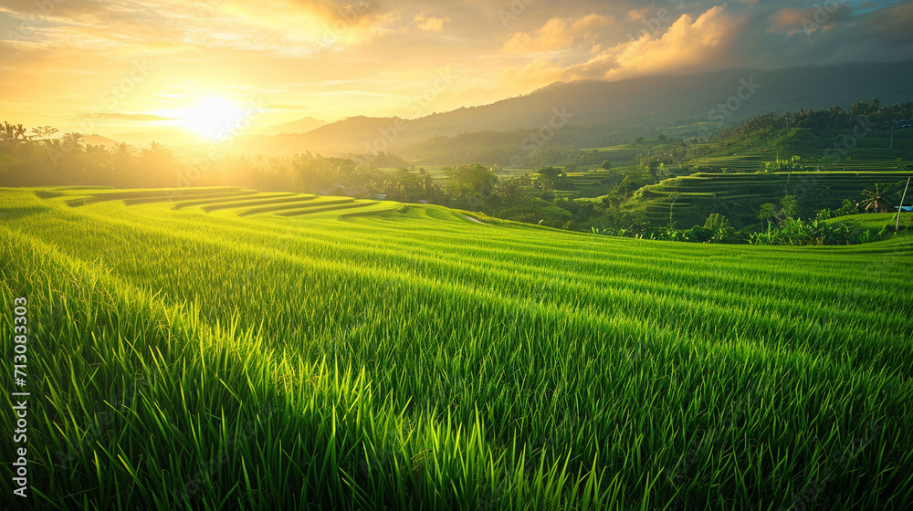 A picturesque panorama of lush rice paddies stretching to the horizon, bathed in golden sunlight, showcasing the beauty and tranquility of traditional rice cultivation. A picturesque panorama of lush rice paddies stretching to the horizon, bathed in golden sunlight, showcasing the beauty and tranquility of traditional rice cultivation.