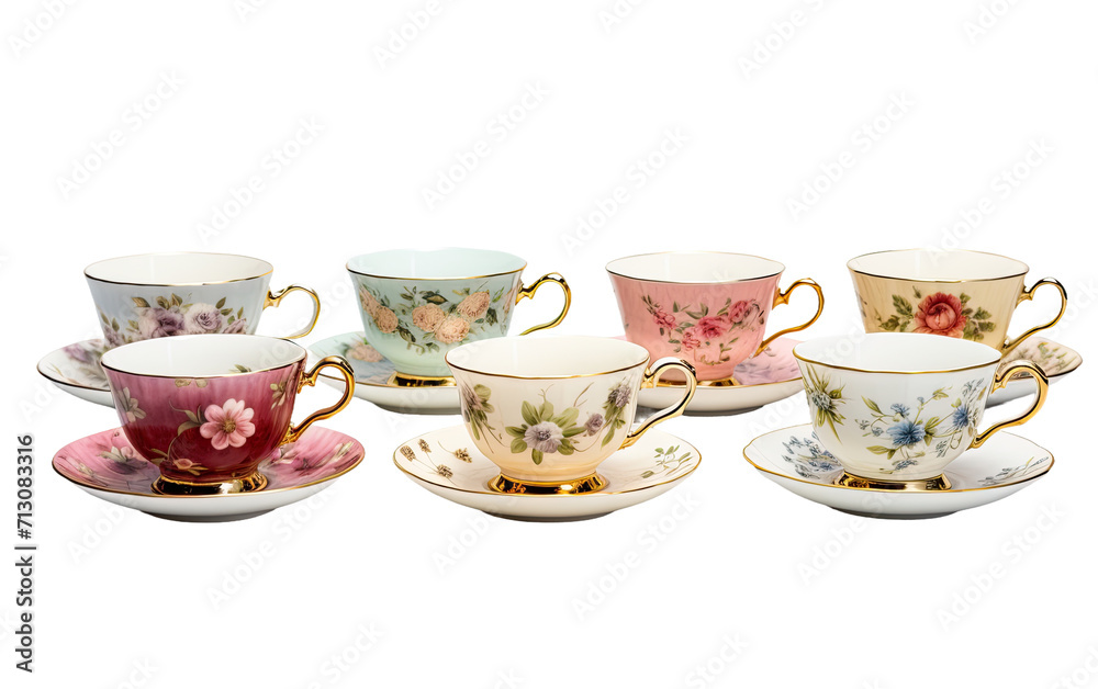Delicate Floral Patterns on Teacups and Saucers on White or PNG Transparent Background. Delicate Floral Patterns on Teacups and Saucers on White or PNG Transparent Background.