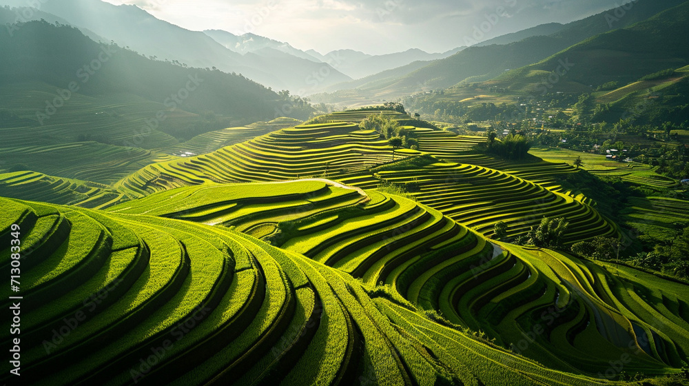 An aerial view of a rice terraced landscape, with geometrically arranged fields cascading down hillsides, creating a visually stunning mosaic of agriculture and sustainable cultiva An aerial view of a rice terraced landscape, with geometrically arranged fields cascading down hillsides, creating a visually stunning mosaic of agriculture and sustainable cultiva