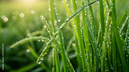 A close-up shot capturing the intricate pattern of water droplets on vibrant green rice stalks in the early morning, emphasizing the delicate balance required in the cultivation of