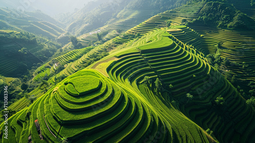 An aerial view of a rice terraced landscape, with geometrically arranged fields cascading down hillsides, creating a visually stunning mosaic of agriculture and sustainable cultiva